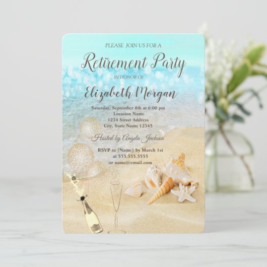 Beach Seashells Sand Balloons, Wine Retirement Kaart (Staand voorkant)