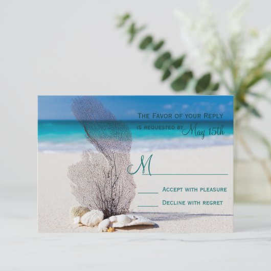 Beach Seashells Sand Destination Wedding RSVP (Staand voorkant)