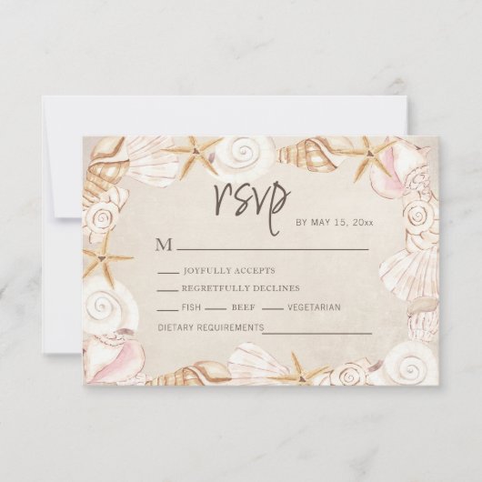 Beach Seashells Sand Wedding RSVP Kaartje (Voorkant)