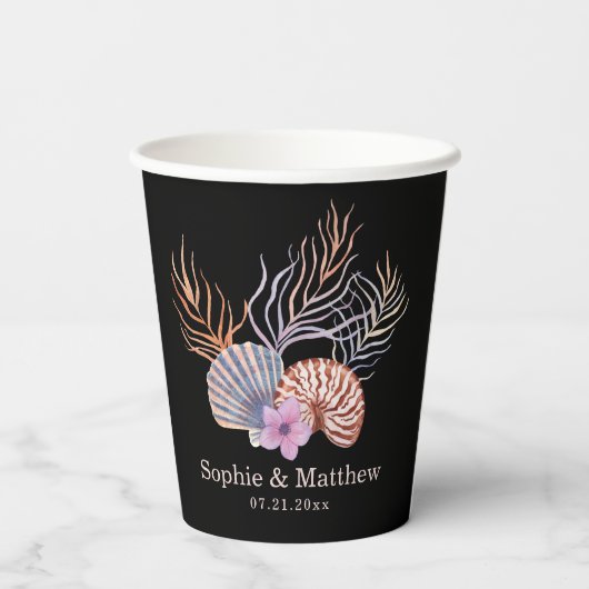 Beach Seashells Waterverf Coastal Chic Weddenschap Papieren Bekers (Achterkant)