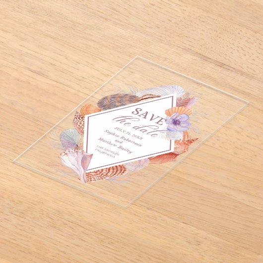 Beach Seashells Waterverf Coastal Chic Wedding Acryl Uitnodigingen (Laagn)