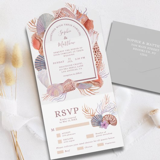Beach Seashells Waterverf Coastal Chic Wedding All In One Uitnodiging
