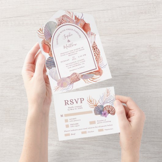 Beach Seashells Waterverf Coastal Chic Wedding All In One Uitnodiging (Afscheurbaar)