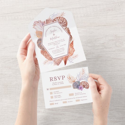 Beach Seashells Waterverf Coastal Chic Wedding All In One Uitnodiging (Afscheurbaar)