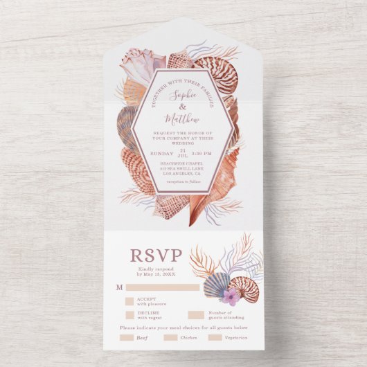 Beach Seashells Waterverf Coastal Chic Wedding All In One Uitnodiging (Binnen)