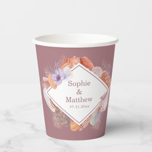Beach Seashells Waterverf Coastal Chic Wedding Papieren Bekers (Voorkant)