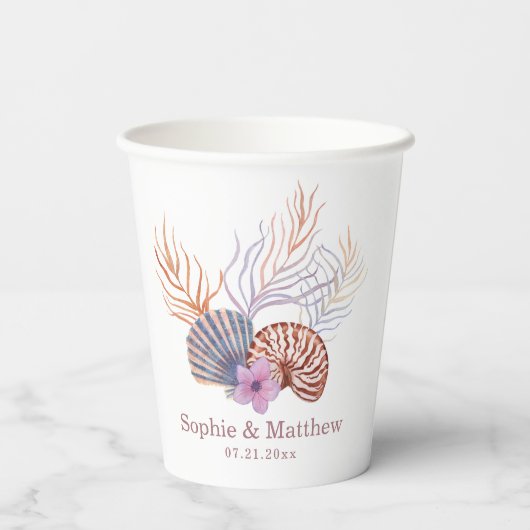 Beach Seashells Waterverf Coastal Chic Wedding Papieren Bekers (Achterkant)