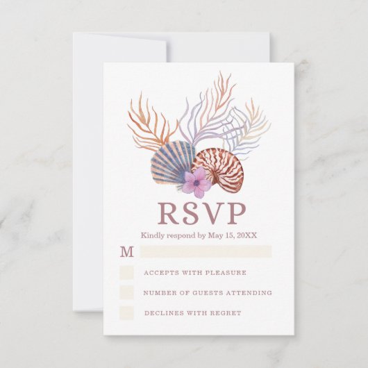 Beach Seashells Waterverf Coastal Chic Wedding RSVP Kaartje (Voorkant)