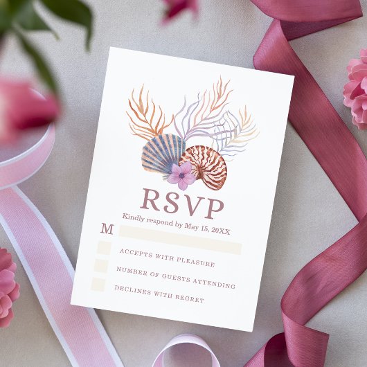 Beach Seashells Waterverf Coastal Chic Wedding RSVP Kaartje