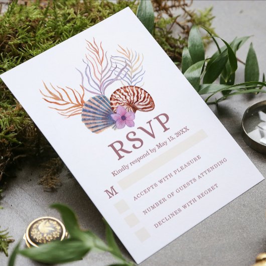 Beach Seashells Waterverf Coastal Chic Wedding RSVP Kaartje