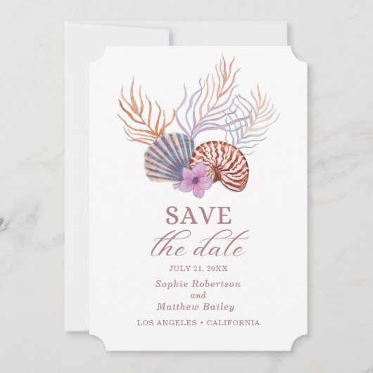 Beach Seashells Waterverf Coastal Chic Wedding Sa Save The Date (Voorkant)