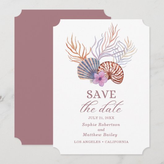Beach Seashells Waterverf Coastal Chic Wedding Sa Save The Date (Voorkant / Achterkant)