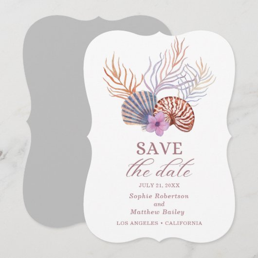 Beach Seashells Waterverf Coastal Chic Wedding Save The Date (Voorkant / Achterkant)