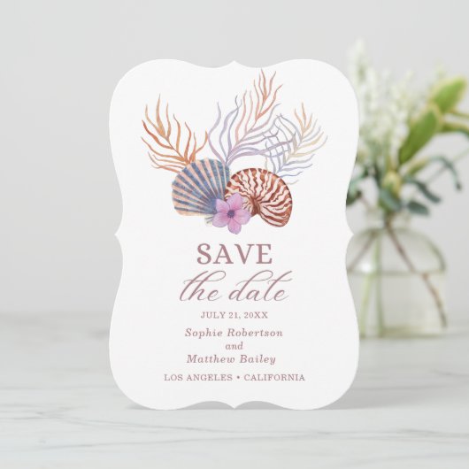 Beach Seashells Waterverf Coastal Chic Wedding Save The Date (Staand voorkant)