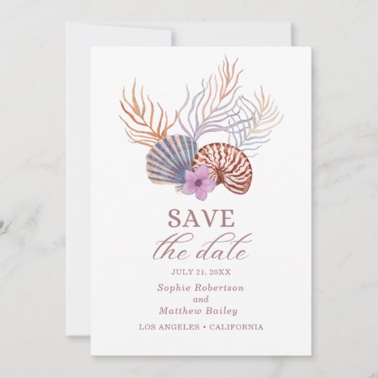 Beach Seashells Waterverf Coastal Chic Wedding Save The Date (Voorkant)