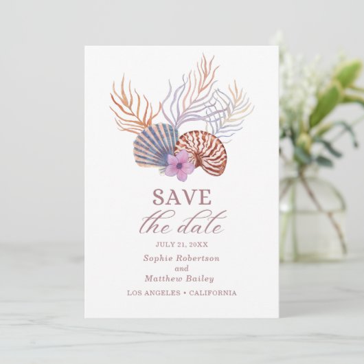 Beach Seashells Waterverf Coastal Chic Wedding Save The Date (Staand voorkant)