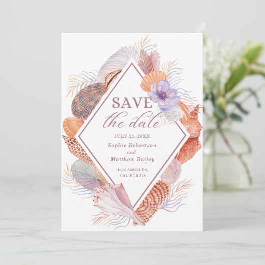 Beach Seashells Waterverf Coastal Chic Wedding Save The Date (Staand voorkant)