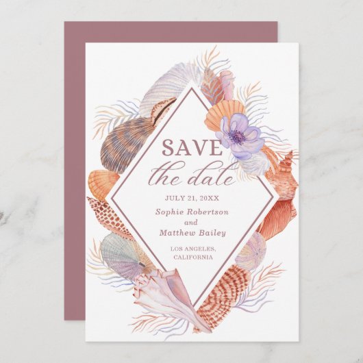 Beach Seashells Waterverf Coastal Chic Wedding Save The Date (Voorkant / Achterkant)