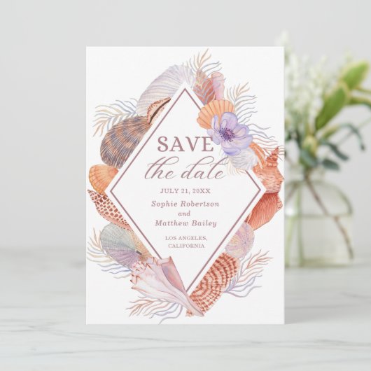 Beach Seashells Waterverf Coastal Chic Wedding Save The Date (Staand voorkant)