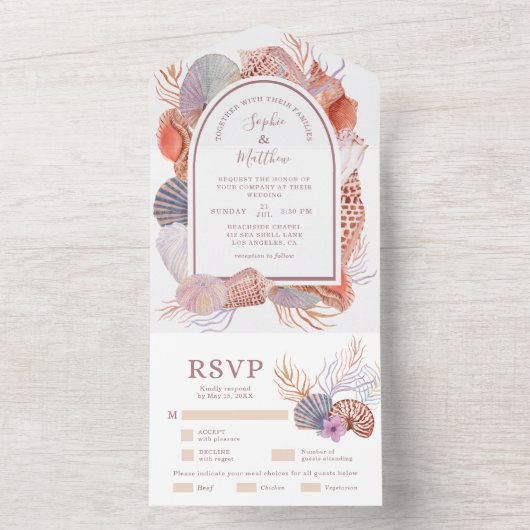 Beach Seashells Waterverf Coastal Wedding Al All In One Uitnodiging (Binnen)
