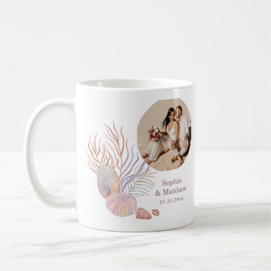 Beach Seashells Waterverf Foto bruiloft Koffiemok (Links)