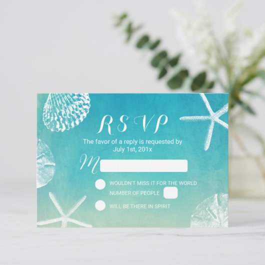 Beach Seashells Waterverf Turquoise Wedding RSVP (Staand voorkant)