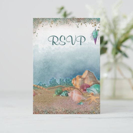 Beach Seashells Weddenschap RSVP Kaartje (Staand voorkant)