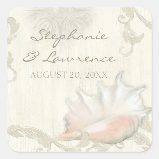 Beach Seashore Shell Wooden Wedding Vrijgezellenfe Vierkante Sticker (Voorkant)