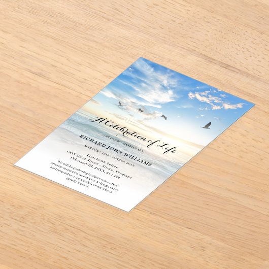 Beach Seaside Ocean Celebration of Life Funeral Acryl Uitnodigingen (Laagn)