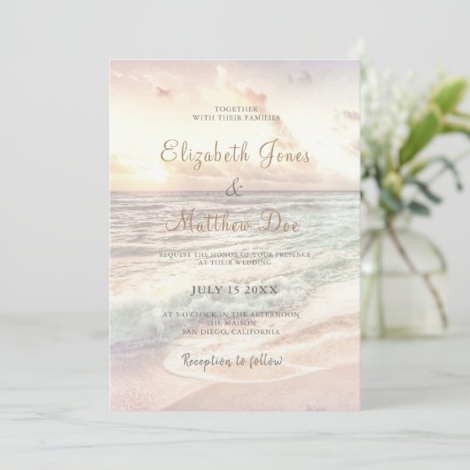 Beach Seaside/Ocean Sunset Wedding Invitation Kaart (Staand voorkant)