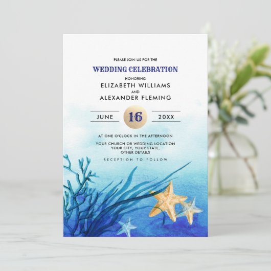 Beach | Seaside Starfish Waterverf Wedding Kaart (Staand voorkant)