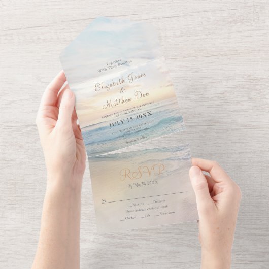 Beach Seaside Sunrise bruiloft All In One Uitnodiging (Afscheurbaar)