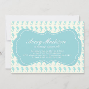 Beach Shabby Chic Seahorse Invitation party blue Kaart