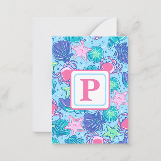 Beach Shell Crab Ocean Monogram Preppy Notitiekaartje (Voorkant)