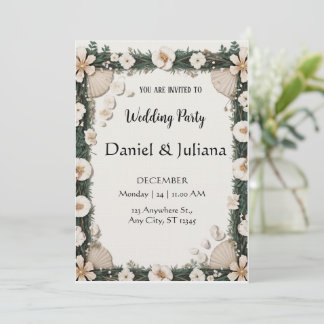 Beach Shell & Floral Frame Engagement Invitation Kaart