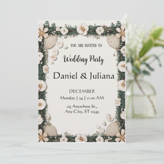 Beach Shell & Floral Frame Engagement Invitation Kaart (Staand voorkant)