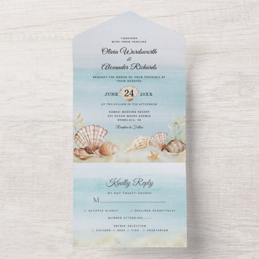 Beach Shells Ocean Tropical Waterverf Wedding All In One Uitnodiging (Binnen)