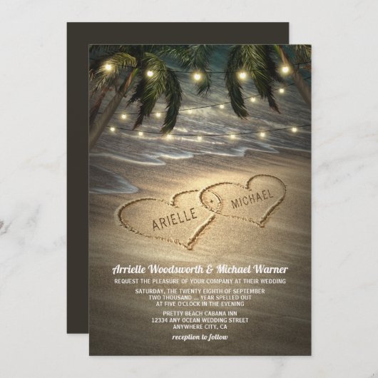 Beach Shore Hearts in the Sand Wedding Invitations Kaart (Voorkant / Achterkant)