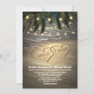 Beach Shore Hearts in the Sand Wedding Invitations Kaart