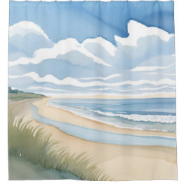 Beach Shore Walk | Coastal Ocean Watercolor Douchegordijn