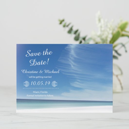 Beach Sky Cloud & Seashells Save the Date Card (Staand voorkant)