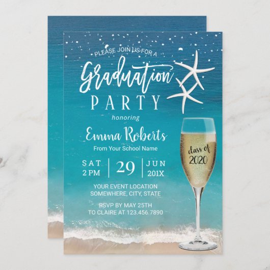 Beach Starfish and Champagne Glass Afstuderen Kaart (Voorkant / Achterkant)