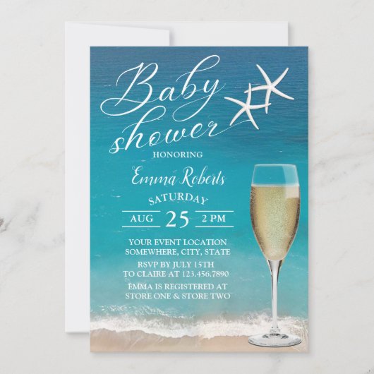 Beach Starfish and Champagne Glass Baby shower Kaart (Voorkant)