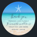 Beach Starfish Bedankt voor je huwelijk. Ronde Sticker<br><div class="desc">De stickers van de huwelijksgunst voor uw strandhuwelijk met een strandscène met marineblauw inktontwerp,  groot voor het danken van uw familie en vrienden voor het bijwonen van uw huwelijksviering.</div>