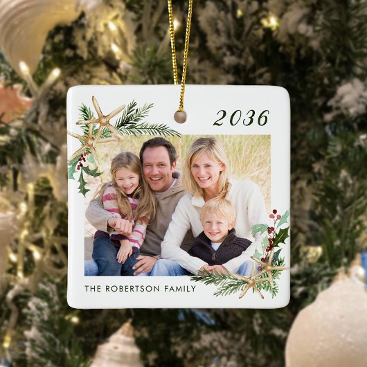 Beach Starfish Familie Foto kerstwit Keramisch Ornament
