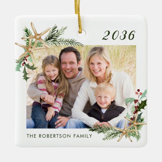 Beach Starfish Familie Foto kerstwit Keramisch Ornament (Voorkant)