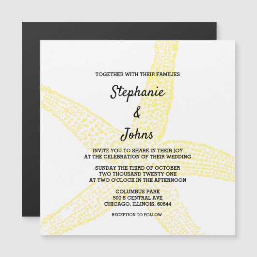 Beach Starfish Nautical Yellow White Theme Weddens Magnetische Uitnodiging (Voorkant / Achterkant)