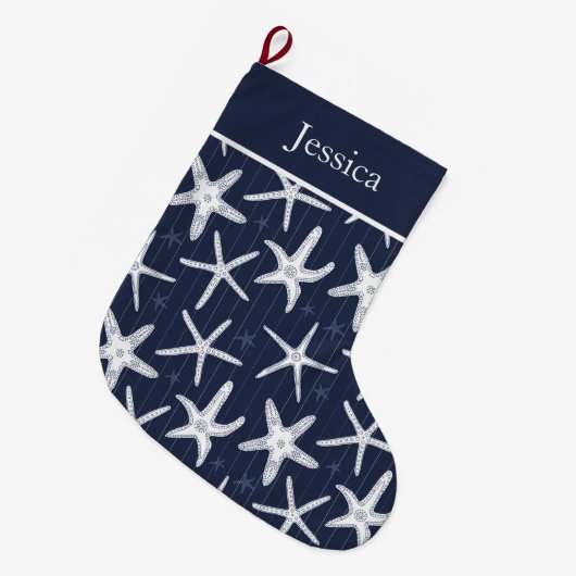 Beach Starfish Navy Blue Coastal Grote Kerstsok (Voorkant (Hangend))