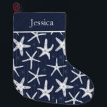 Beach Starfish Navy Blue Coastal Grote Kerstsok<br><div class="desc">Een prachtige marineblauw en witte zeester met kerstmis,  met bewerkbare tekst bovenaan om een naam of bericht toe te voegen</div>