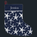 Beach Starfish Navy Blue Coastal Grote Kerstsok<br><div class="desc">Een prachtige marineblauw en witte zeester met kerstmis,  met bewerkbare tekst bovenaan om een naam of bericht toe te voegen</div>